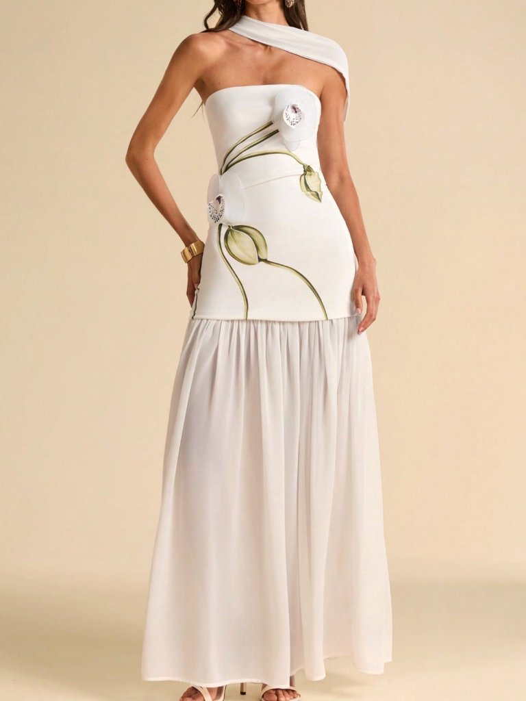 White Elegant Women's 3d Floral Strapless Dress With Scarf
